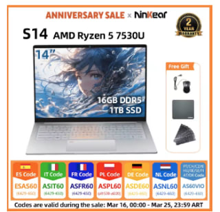 Ninkear S14 Ultra-laptop AMD Ryzen 5 7530U 14 inch 2,2K voor €373,74