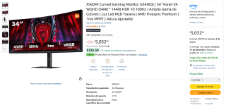 Monitor Xiaomi G34WQi 34" WQHD 180Hz 1ms por $4,278 | Amazon
