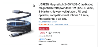 UGREEN Magnetisch 240W USB-C Kabel 1 meter voor €16,33 bij Amazon