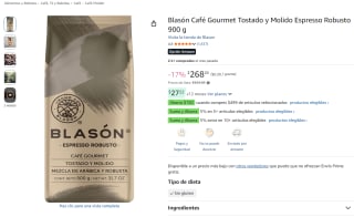Blasón Café Gourmet Tostado y Molido Espresso Robusto 900g por $193 en Amazon