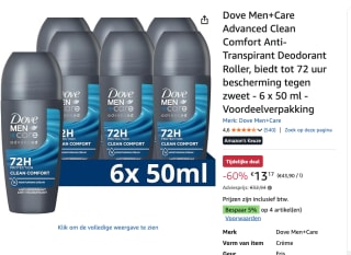 6 x 50 Ml Dove Men+Care Advanced Anti-Transpirant Deodorant Roller voor €13,17