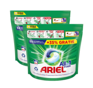 Pack ARIEL All-in-1: 2 Cajas Detergente con 26+9 Pods (70 Lavados) por 14.51€
