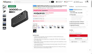 Power Bank Ugreen 20,000mAh 30W por $558 | AliExpress