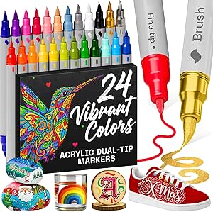 : ARTISTRO 24 Acrylic Paint Pens – Dual Tip (Brush & Fine) Markers for Fabric, Canvas