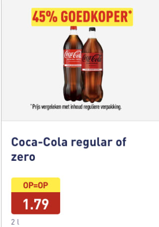 Coca-Cola regular of zero 2 l. voor €1,79 bij de Aldi