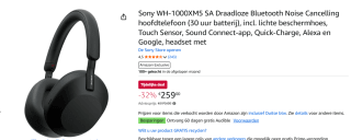 Sony WH-1000XM5 - Draadloze koptelefoon voor €259 bij Amazon