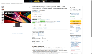 Monitor LG Ultragear 34'' Curvo 34G600A-B.AWM 21:9 160Hz por $5,429 | Amazon