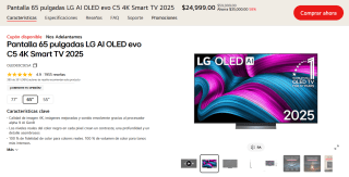 Smart TV 65" LG AI OLED evo C5 4K 2025 por $19,749