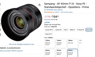 Samyang 45mm f/1.8 AF Sony E-mount objectief voor €194,58 bij Amazon