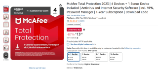 McAfee Total Protection 2023 (5 apparaten) jaarabonnement voor €13,99 bij Amazon
