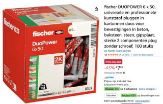 Fischer Duopower pluggen + schroef 6x50mm voor €7,99 met Amazon prime