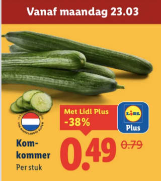 1 komkommer voor €0,49 bij de Lidl