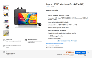 Laptop ASUS Vivobook Go 14 Ryzen 5 7520U 8GB 512GB por $6,999