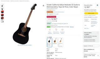 Fender California Debut Redondo CE Guitarra Electroacústica por $2,787 en Amazon