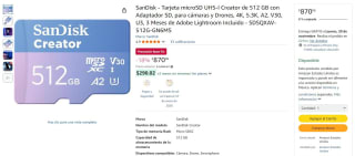 Tarjeta SanDisk Creator 512GB por $870 | Amazon