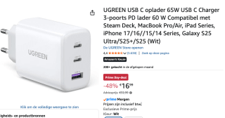 UGREEN 65W USB C Oplader - 3-Poorts PD Lader voor €16,99