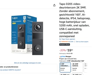 Tapo D205 – 2K mini Video Deurbel voor €39,90 bij Amazon