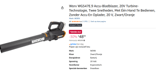 WORX Accu Bladblazer WG547E.9 excl. 20 V accu en lader voor €48,99 bij Amazon