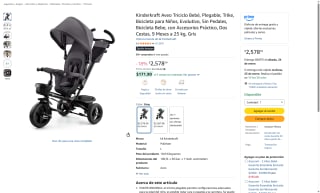 Kinderkraft Aveo Triciclo Bebé Gris por $2,578 | Amazon