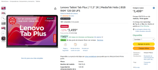 Lenovo Tab Plus 11.5" (2K, 8 GB/128 GB) por $3,499 en Amazon