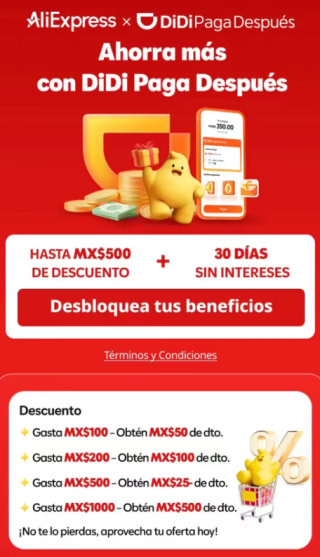 $500 de descuento en AliExpress con DiDi Paga Después