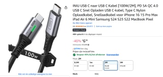 INIU USB C naar USB C Kabel [100W/2M] voor €3,56 bij Amazon