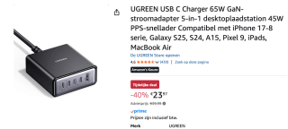 UGREEN 65W 5-Poorts GaN Desktop Snellader voor €23,97 bij Amazon