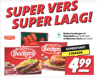 2 pakken Beckers hamburgers, frikandellen of Mexicanos voor €4,99 bij Nettorama