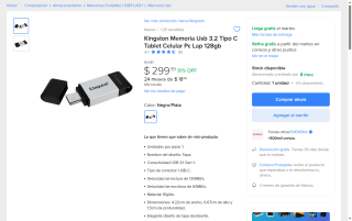 Memoria USB 128GB por $299 | Oferta Mercado Libre