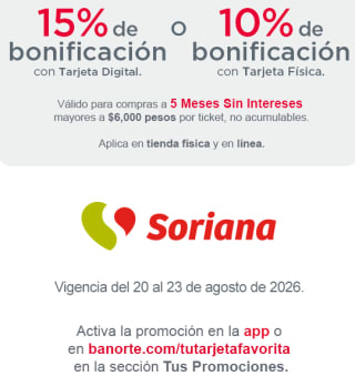 15% de Bonificación en Soriana con Tarjeta Digital Banorte