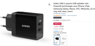 Anker 24W 2-poorts USB-oplader met PowerIQ technologie voor €11,89 bij Amazon