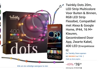 Twinkly Dots slimme verlichting RGB - 400 LED's - zwart - 20m voor €76,64 bij Amazon