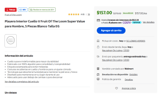 Pack 5 Playeras Interiores Cuello V Fruit of the Loom Super Value por $157 en Walmart
