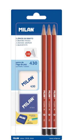 Milan BYM10016 - Blíster con 3 lápices grafito, sacapuntas y goma de borrar por 1.54€