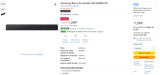 Barra de Sonido Samsung HW-B400F 2.0 por $1,299 | Oferta Amazon