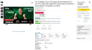 Smart TV TCL 55" QD-MiniLED + Barra de Sonido por $7,199 | Amazon