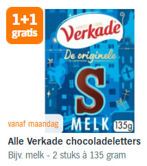 1+1 gratis op alle Verkade chocoladeletters bij de AH
