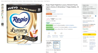 Regio Luxury Almond Touch papel higiénico 32 rollos por $172 en Amazon