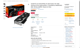 Tarjeta GIGABYTE RX 7600 8GB por $4,950 | Oferta Amazon