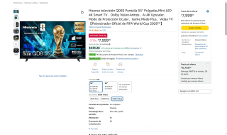 Pantalla Hisense QD8S 55" Mini-LED por $6,299 | Amazon (Banamex 12 MSI)