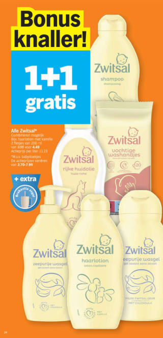 1+1 gratis op alle Zwitsal producten bij Albert Heijn