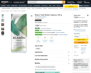 Blason Café Molido Orgánico 340g por $87 en Amazon
