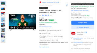 Smart TV TCL 55S451G 4K 55" por $4,408 | Oferta Mercado Libre