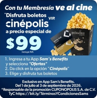 Boletos Cinépolis VIP por $99 con Benefits en Sam's Club