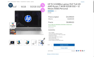 Laptop HP 15-fc0288la 16GB 512GB por $8,999 | Costco (PayPal)