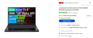 Acer Nitro V 15 i5-13420H 16GB 512GB RTX 5050 por $13,631 | Walmart (12 MSI)