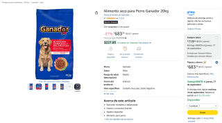 Alimento seco Ganador 20kg por $684 en Amazon