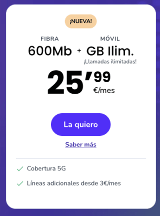 Finetwork Fibra 600Mb + línea MÓVIL ilimitada por solo 25.99€