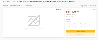 Tarjeta RTX 5070 Ti ZOTAC 16GB por $16,109 | PCEL