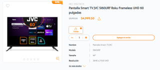 Smart TV JVC SI60URF 60" Roku Frameless UHD por $5,000 | RadioShack